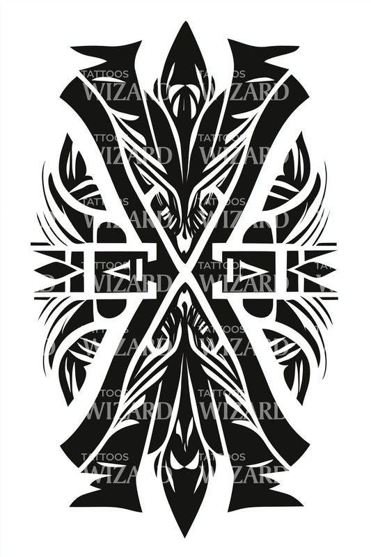 Double Blade Tribal Cross Tattoo Design
