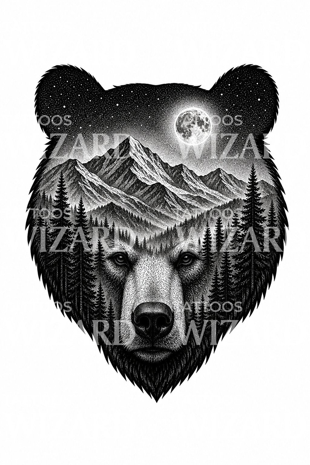 Diseño de tatuaje de oso y bosque en doble exposición