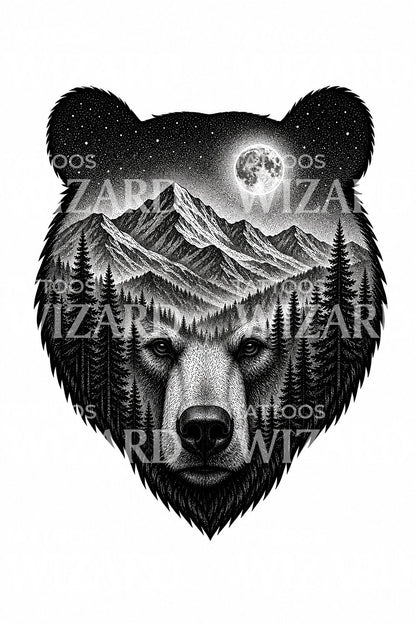 Diseño de tatuaje de oso y bosque en doble exposición