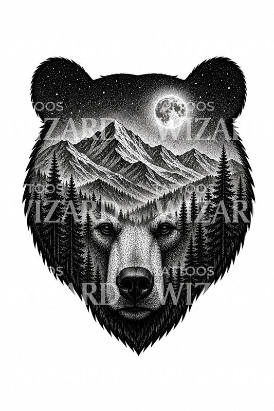 Design tattoo orso e foresta in doppia esposizione