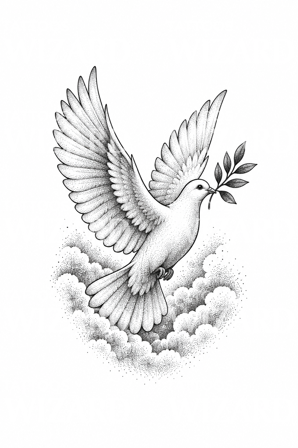 Gołąb z gałązką oliwną wyłaniający się z chmur, tatuaż dotwork