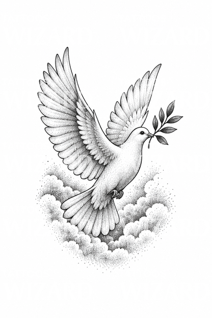 Gołąb z gałązką oliwną wyłaniający się z chmur, tatuaż dotwork