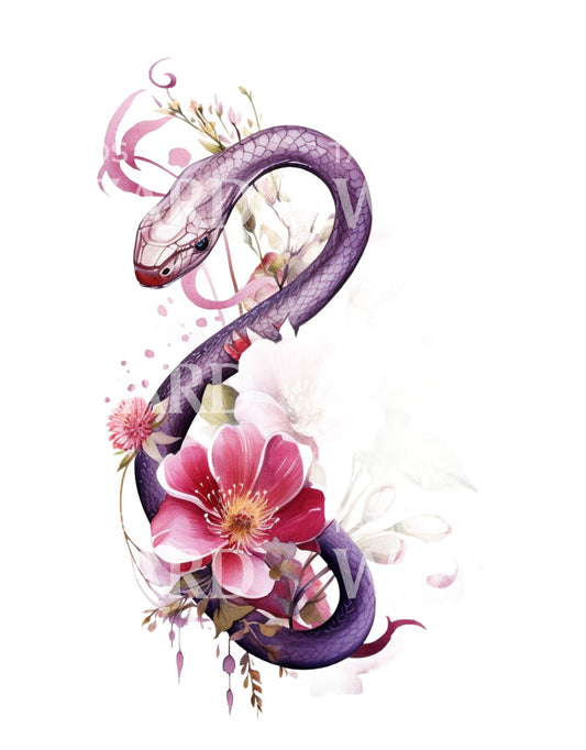 Watercolor Snake and Flowers Tattoo Design