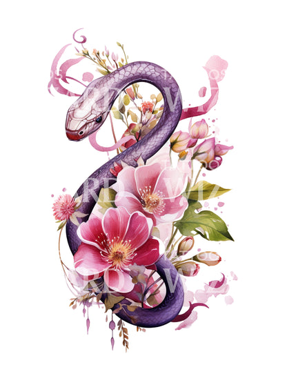 Watercolor Snake and Flowers Tattoo Design