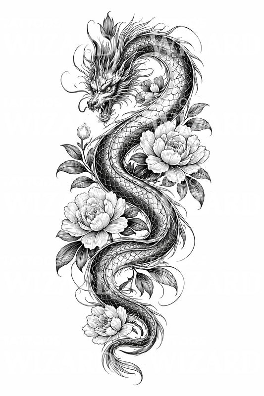 Dragon and Peonies Tattoo Illustration