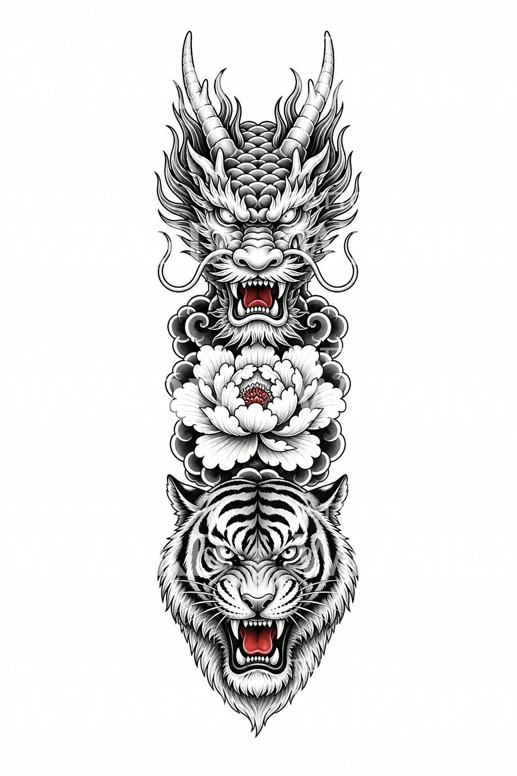 Dragon and Tiger Peony Column Tattoo Design