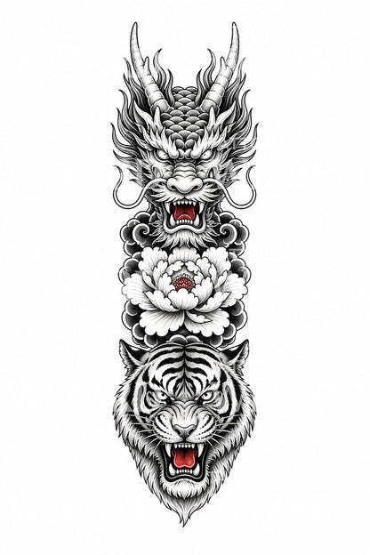Dragon and Tiger Peony Column Tattoo Design