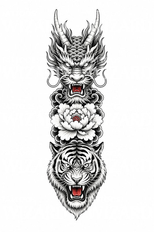 Dragon and Tiger Peony Column Tattoo Design