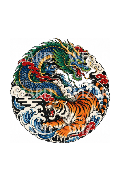 Japansk yin yang-tatuering med drake och tiger