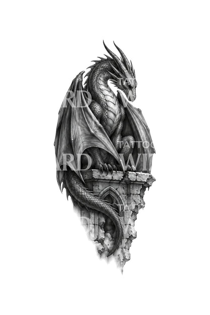 Dragon Cloaked in Wings on Stone Ledge Tattoo Design