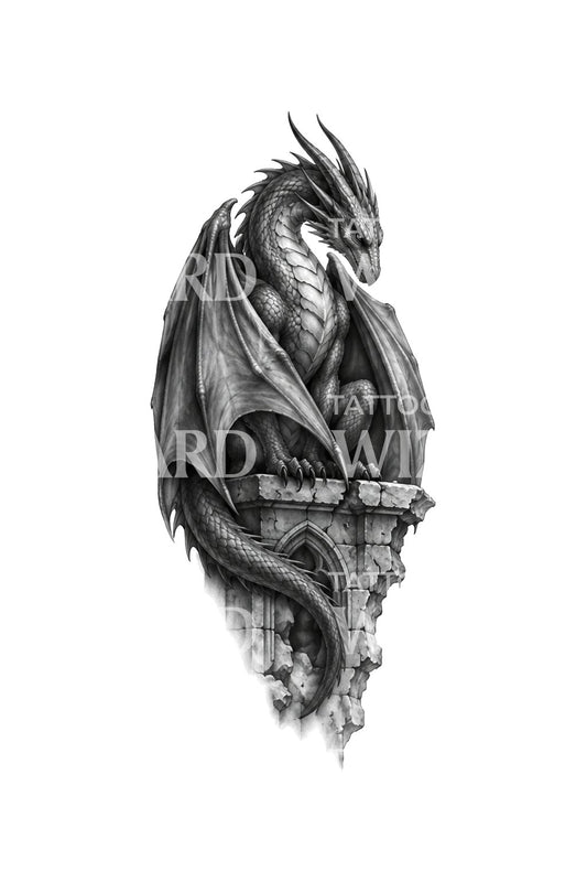 Desain Tato Naga Berselimut Sayap di Tepian Batu