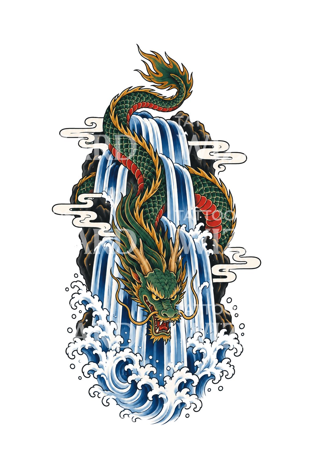 Ilustracja tatuażu irezumi: smok schodzący wodospadem