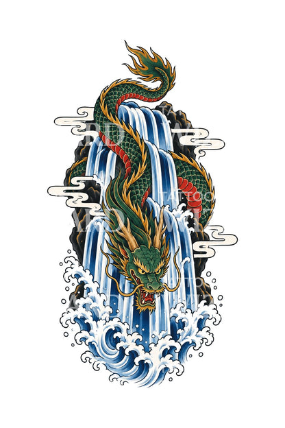 Ilustracja tatuażu irezumi: smok schodzący wodospadem