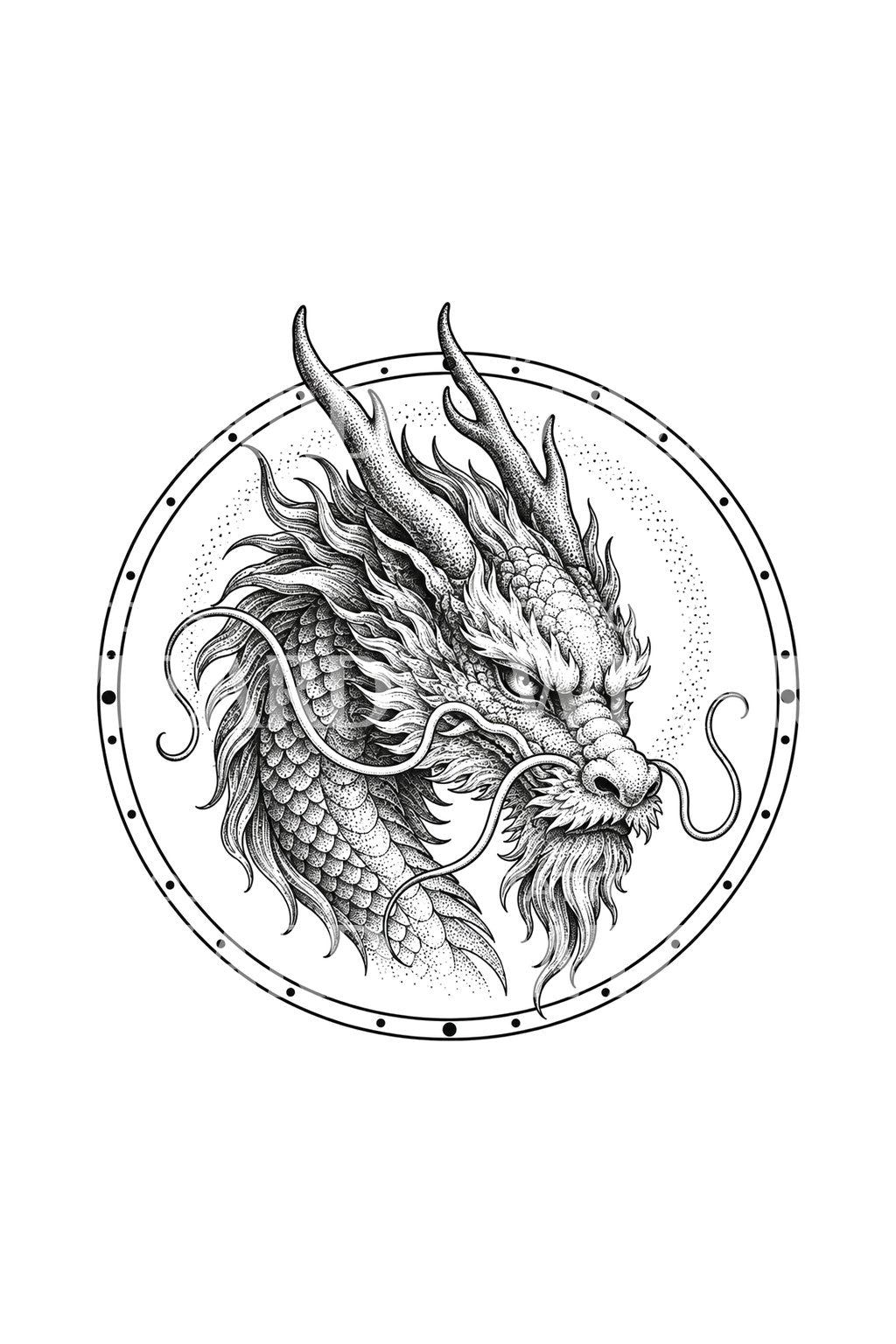 Design de tatuagem de cabeça de dragão num anel de sinete pontilhado