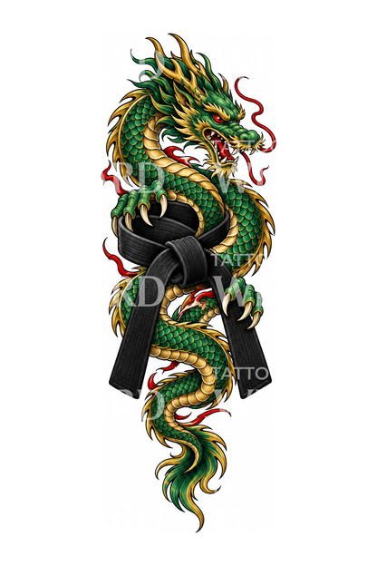 Tattoo eines um den schwarzen Gürtel gewickelten Drachen