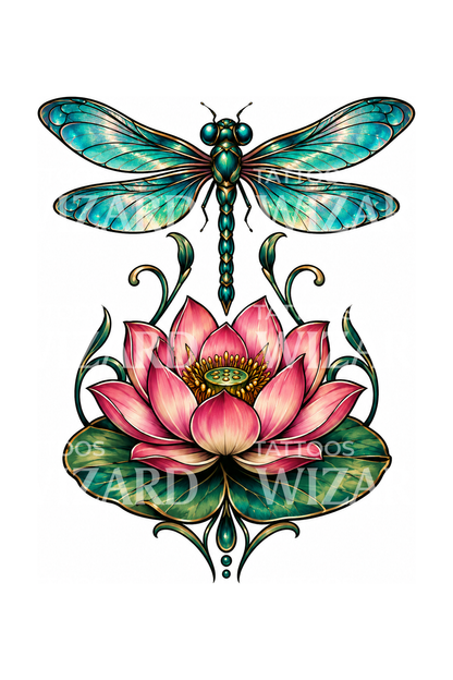 Dragonfly above a Pink Lotus Tattoo Design