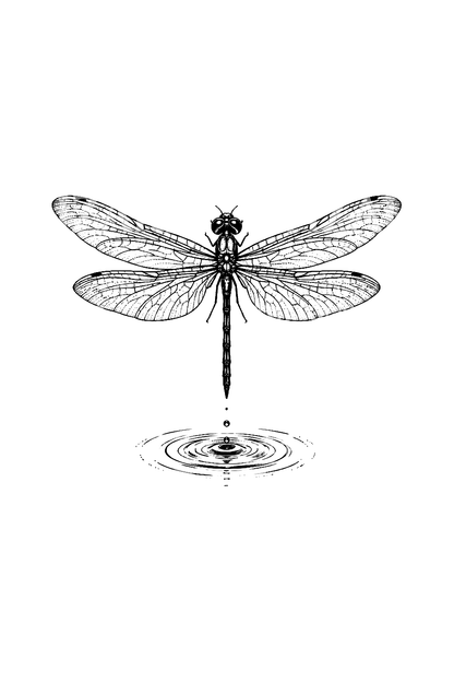 Veden väreilyllä leijuva sudenkorento, fine line -tatuointi