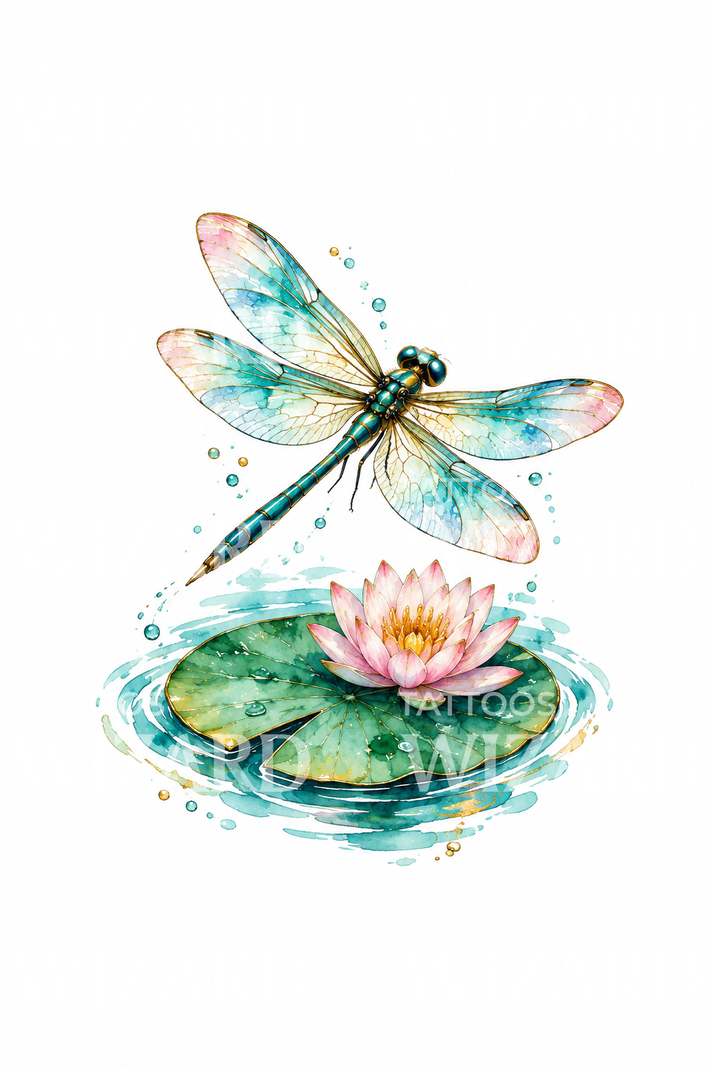 Dragonfly over Lily Pad and Water Lily Watercolor Tattoo
