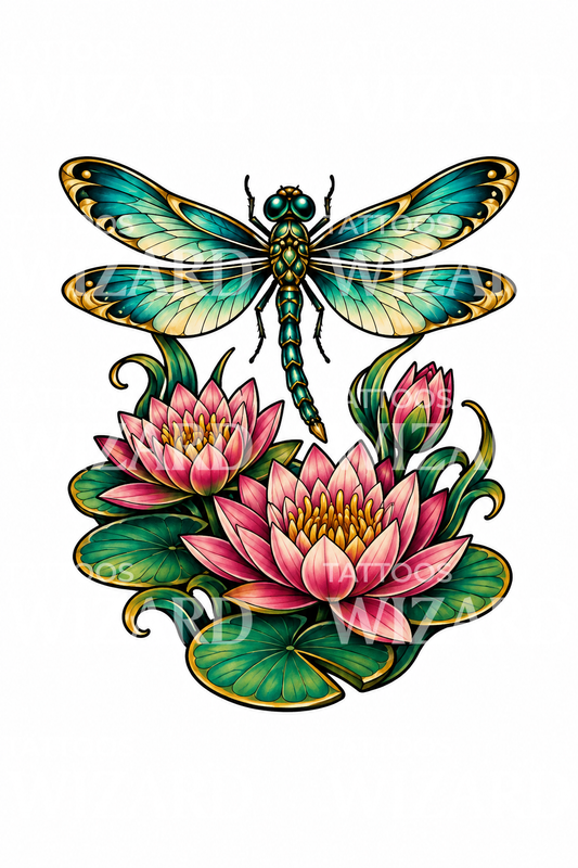 Tatuaggio neo-tradizionale di libellula sopra ninfee rosa