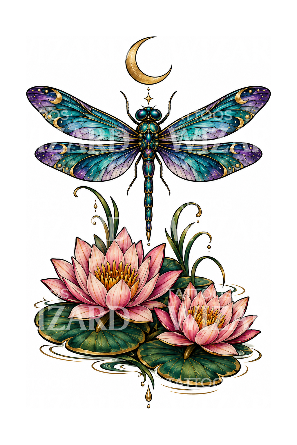Libélula sobre nenúfares e quarto crescente, tatuagem neotradicional