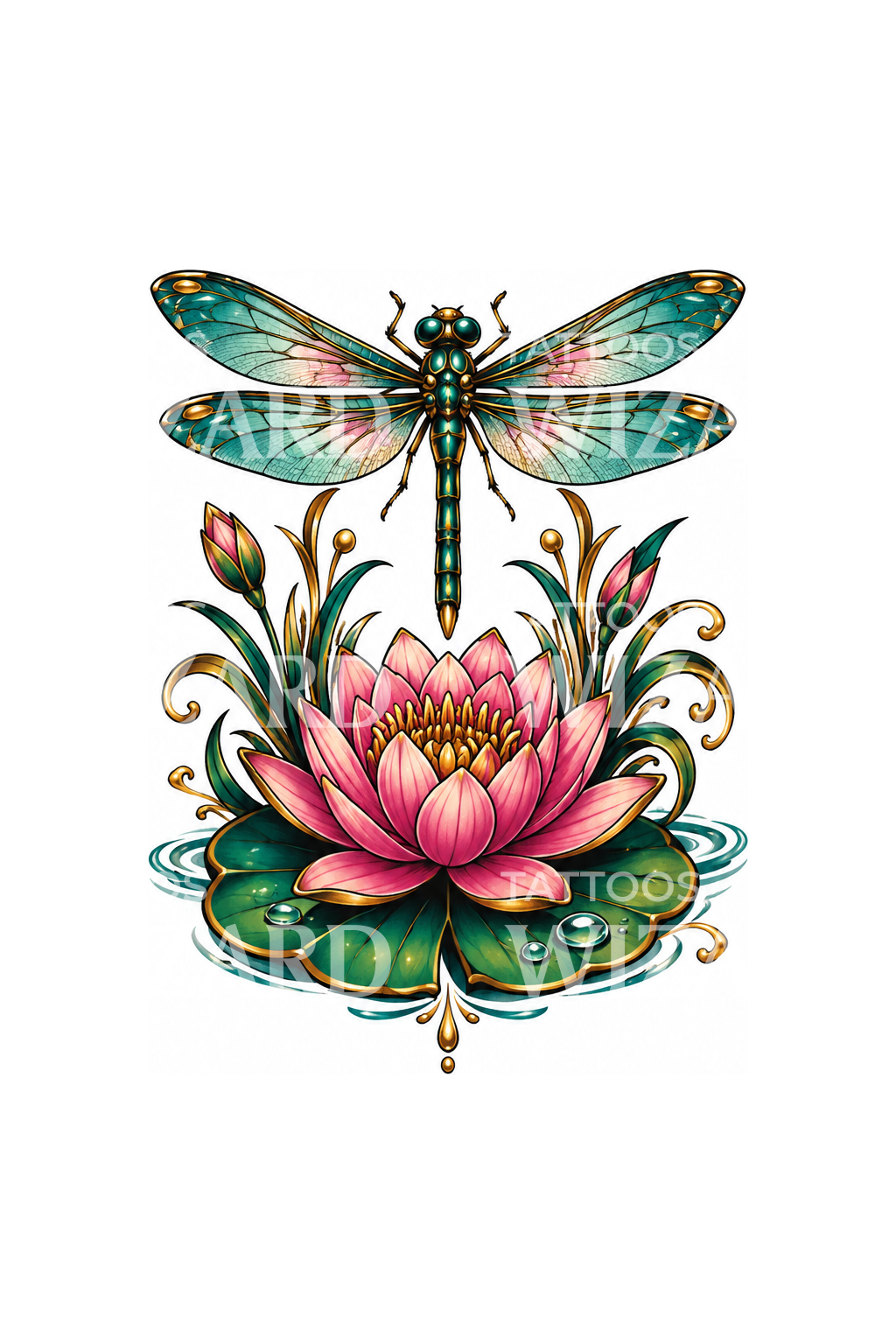 Dragonfly over Water Lily Tattoo – Tattoos Wizard Designs