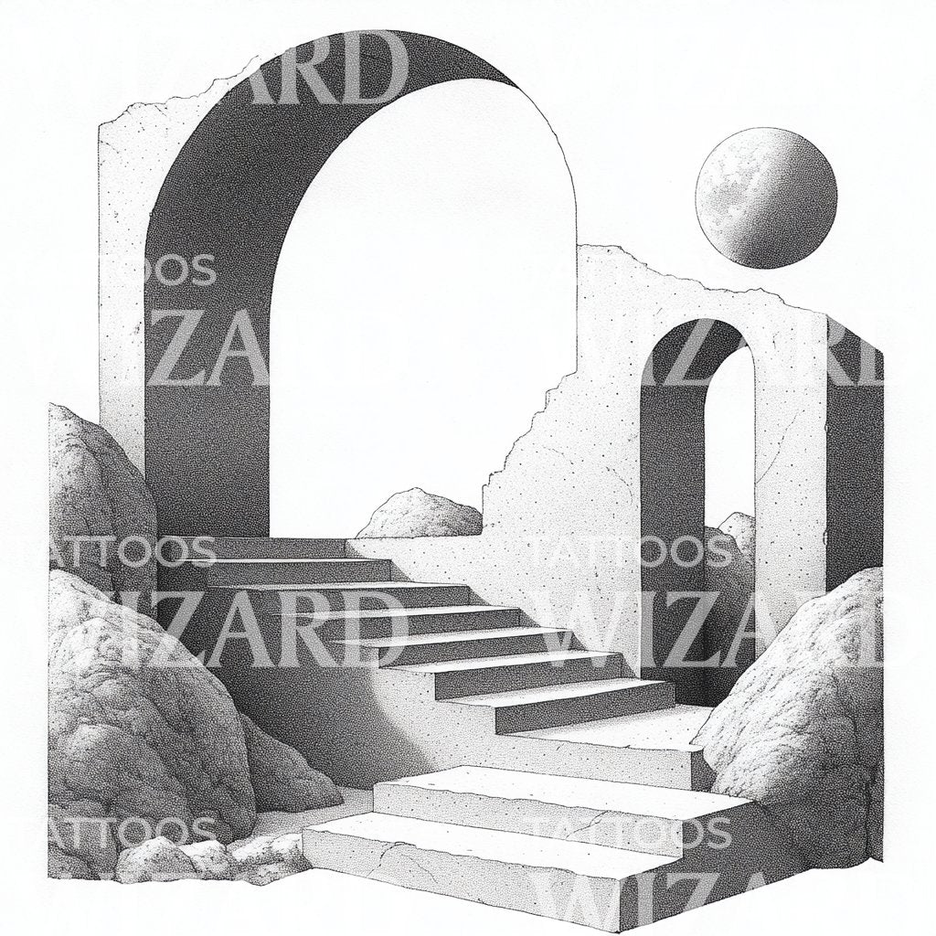 Drawing of Surreal Arch and Steps Flash Tattoo – Tattoos Wizard Designs