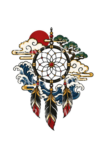 Ilustrasi tato irezumi dreamcatcher dengan awan dan ombak