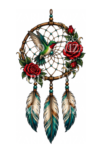 Tatuaggio acchiappasogni con colibrì e rose rosse