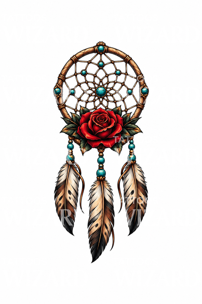 Dreamcatcher with Red Rose Tattoo Design