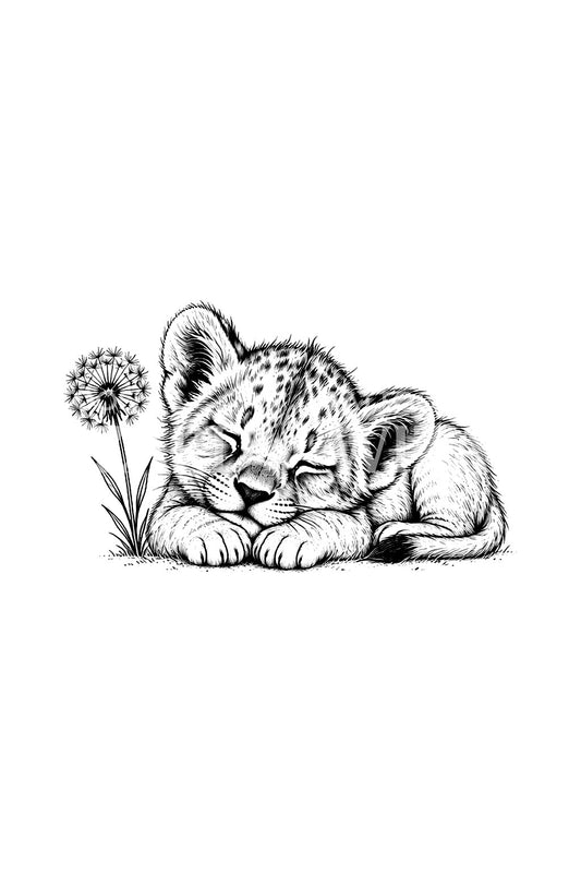 Dreaming Cub Beside a Wish Flower Tattoo Idea
