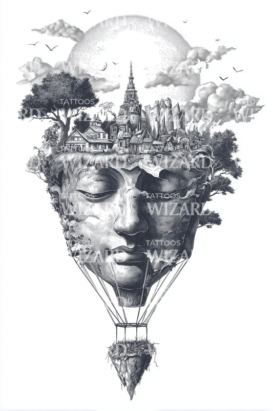 Dreamscape City Head Tattoo Design