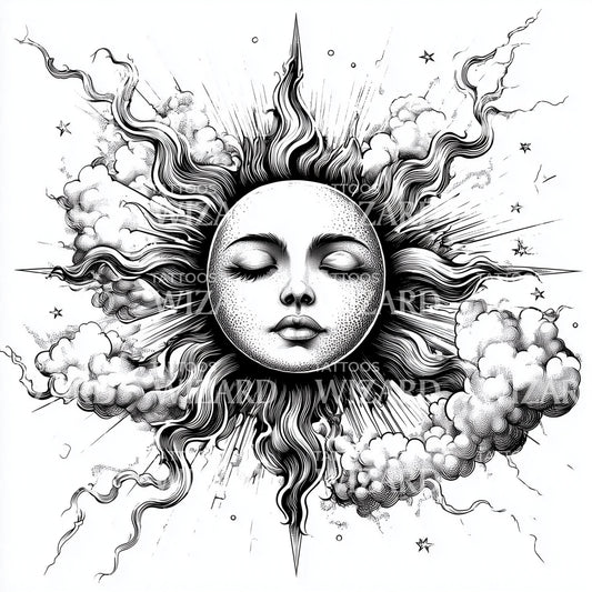 Dreamy Sun and Clouds Tattoo Illustration