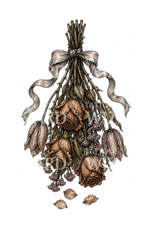 Dried Bouquet Tied with Ribbon Tattoo Design