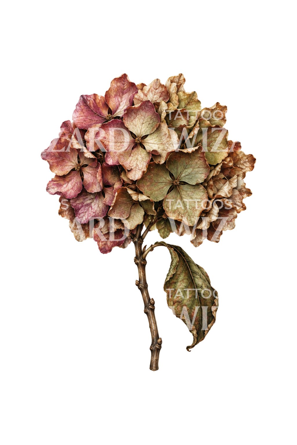 Tatouage d’hortensia séché après sa saison