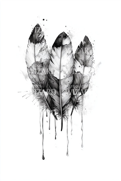 Dripping Feather Trio Tattoo Idea