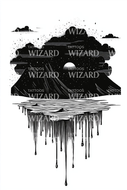 Dripping Night Lake Scene Tattoo Illustration