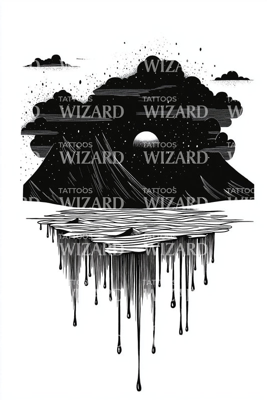 Dripping Night Lake Scene Tattoo Illustration