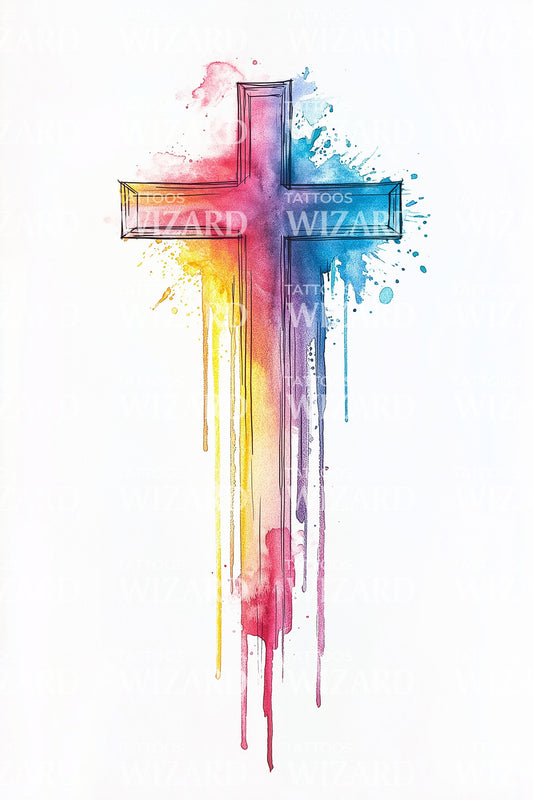 Dripping Watercolor Faith Cross Tattoo Design