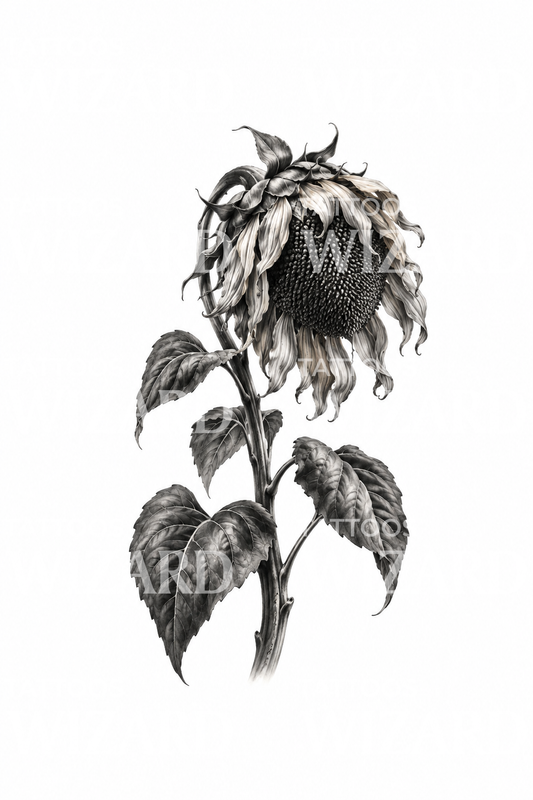 Drooping Sunflower Black and Grey Tattoo Design