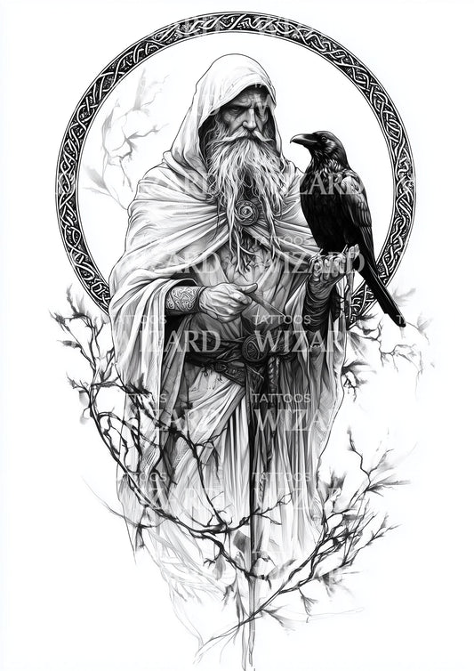 Druid Mystic with Raven Tattoo Design