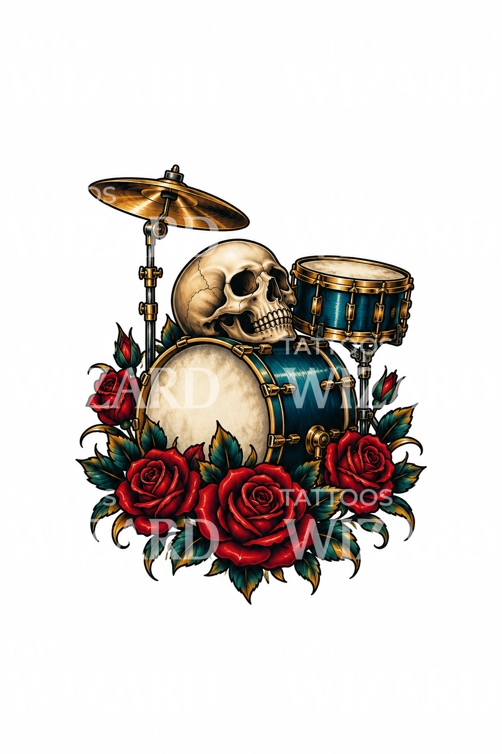 Drum Kit with Skull and Roses Tattoo Design – Tattoos Wizard Designs