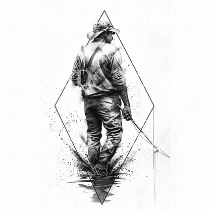 Man Fishing Dotwork Tattoo Design