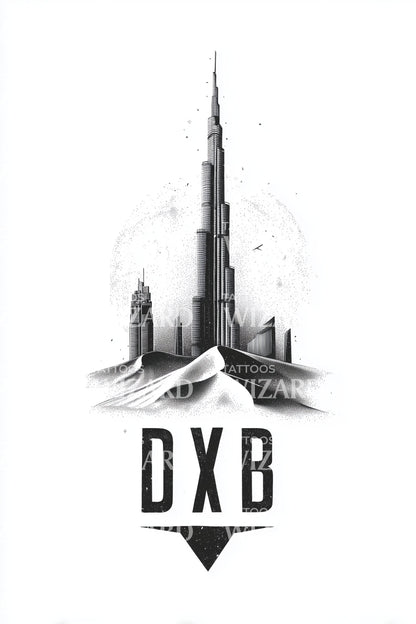 Dubai DXB Desert Spire Tattoo Illustration