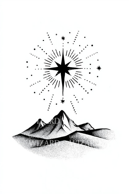 Dusty Mountain Night Star Tattoo Design