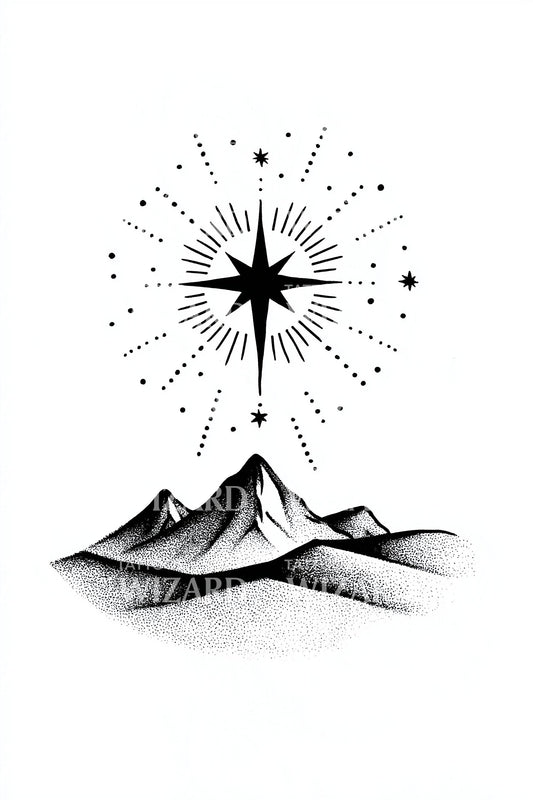 Dusty Mountain Night Star Tattoo Design