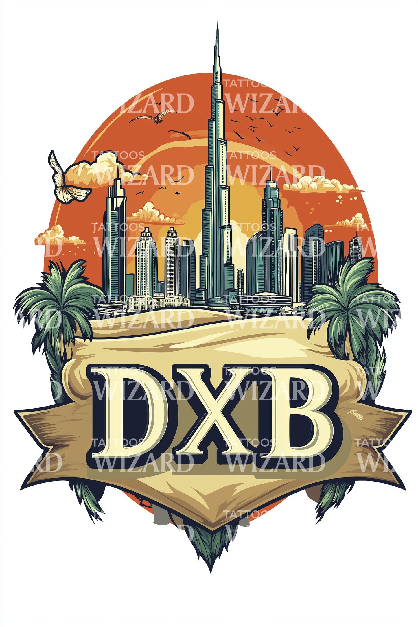 DXB Dubai Sunset Tattoo Illustration