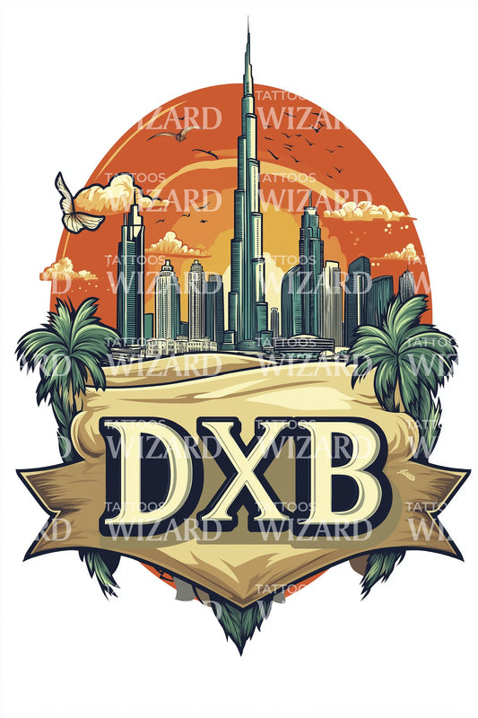 DXB Dubai Sunset Tattoo Illustration