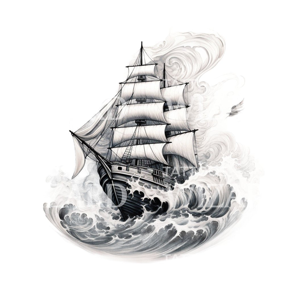 Navire noir et gris dans la conception de tatouage de tempête