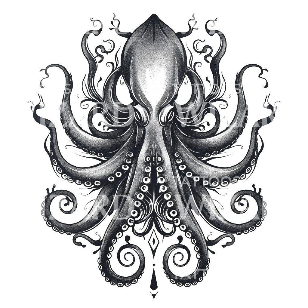 Majestätisches Tintenfisch-Tattoo-Design in Schwarz und Grau