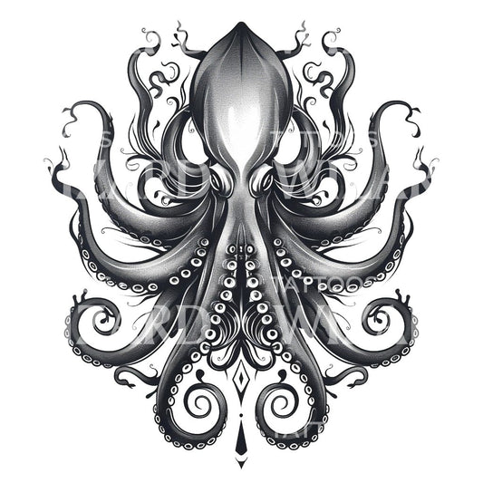 Majestätisches Tintenfisch-Tattoo-Design in Schwarz und Grau